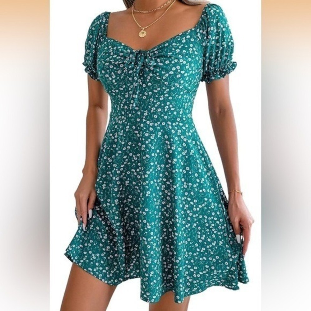 Womens Off Shoulder Mini Dress Green White Ditsy Floral Sweetheart Tie Neck Puff - Picture 2 of 13
